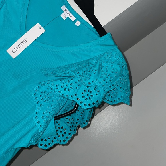 Chico's Ribbed Eyelet Flutter Sleeve Tee Agua Azul Size L (Chico's size 2) - Picture 2 of 4
